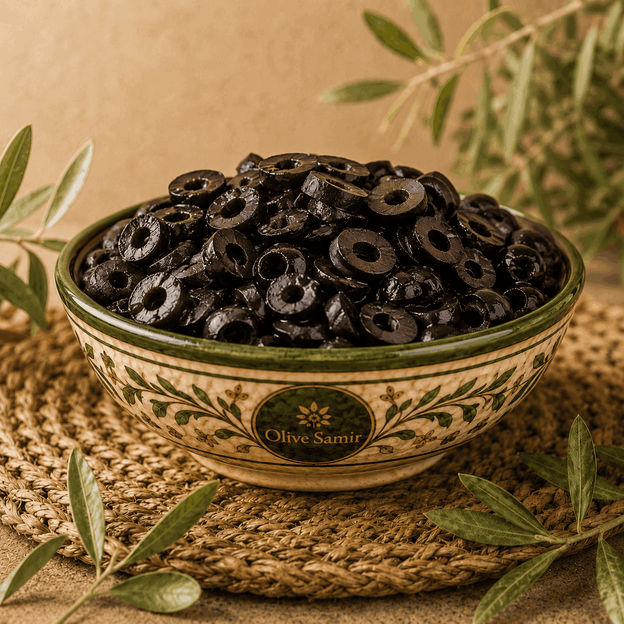 شرائح زيتون أسود داخل زلافة مغربية تحمل شعار Olive Samir، جاهزة للاستعمال في البيتزا والسلطات.